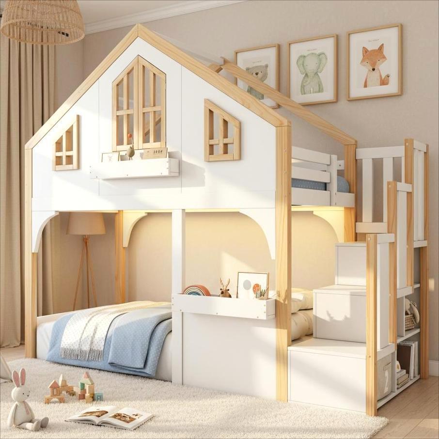 Etagenbett 90x200 cm mit LED, Stauraumtreppe, Hausdesign mit Fenster, Kinder-Hochbett aus Kiefernholz und MDF, Weiß/Natur