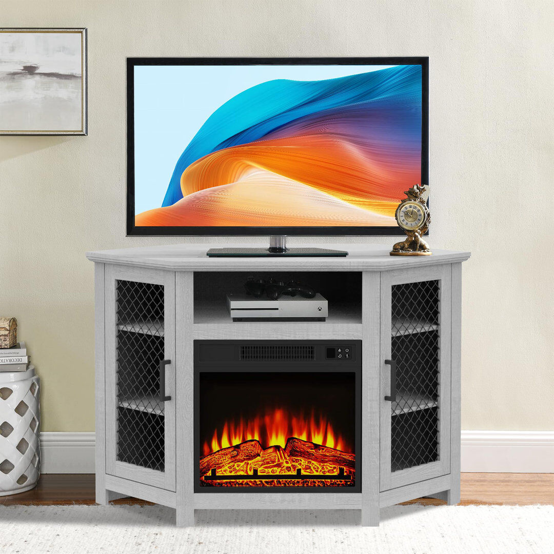 Brambly Cottage Corner TV Unit Stand fits TVs up to 55" With 18" Electric Fireplace Included Grey 55"