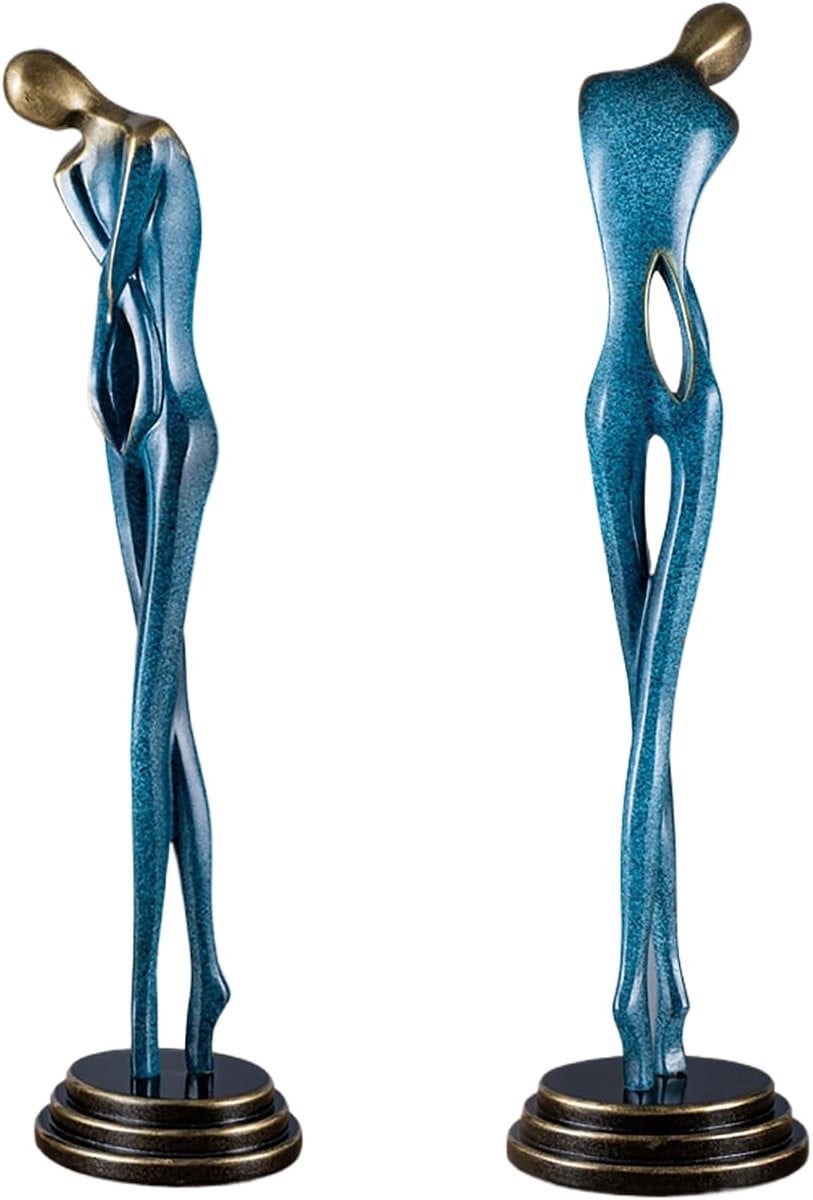 Dansend Meisje Sculptuur - Abstract Kunstbeeld voor Woonkamer Decoratie - Blauw Goud - Hoogte: 54 cm