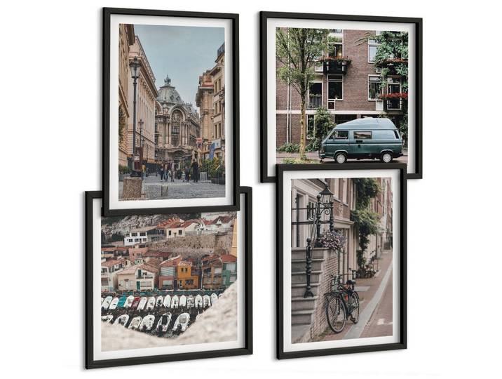 Tulup Bilder SET 4er Set - 50x50 cm & 40x60 cm Schwarzer Rahmen - Stadtansichten von Gebäuden, Kunststoff, Rechteckig, 50x50 cm, gerahmt, Bilder & Rahmen, Bilder