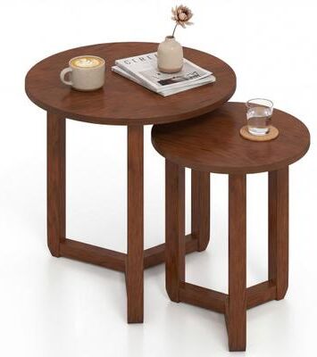 Costway Round Nesting Coffee Table Set of 2 Wood Nesting End Tables with Thickened Top-Walnut