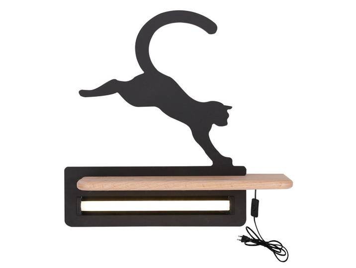 Kinderwandleuchte Cat, Schwarz, Holz, Metall, Eiche, 12x29x27 cm, RoHS, Europäischer Sicherheitsstandard, Schnurschalter, einfach zu transportieren, Lampen & Leuchten, Innenbeleuchtung, Kinderzimmerlampen, Kinderwandleuchten