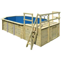 Karibu Pool Modell 4 Classic C - kesseldruckimprägniert Grundkörper inkl. Terrasse & kleiner Sonnenterrasse Sparset inkl. Sandfilteranlage & Skimmer