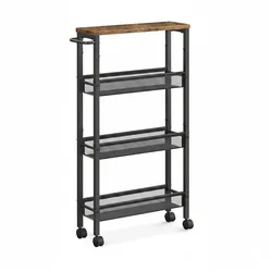 Relaxdays Nischenwagen, HxBxT: 77x13x45 cm, schmales Nischenregal Bad & Küche, 4 Ebenen, Rollregal Metall, braun/schwarz