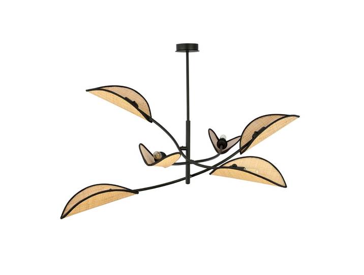 Lustre 6 lumières noir et rotin avec abat-jour en forme de feuille