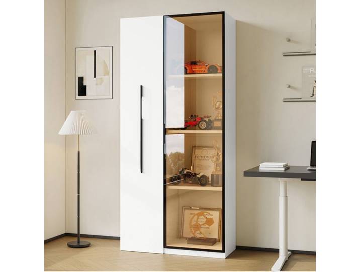 Bibliothèque vitrine 70x40x160 cm EVRYAE - rangement coulissant avec roulettes verre trempé et LED - Blanc
