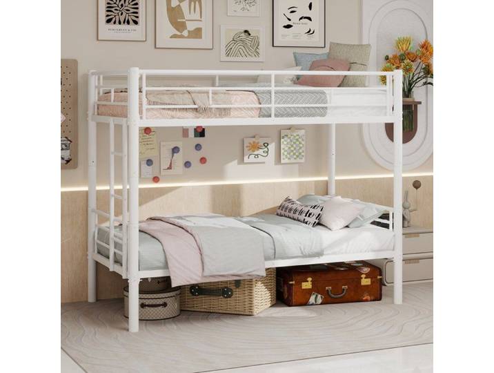Lit Superposé Métal 90x190 cm - Séparable en 2 Lits Simples - Échelle Antidérapante Barrières de Sécurité - Blanc