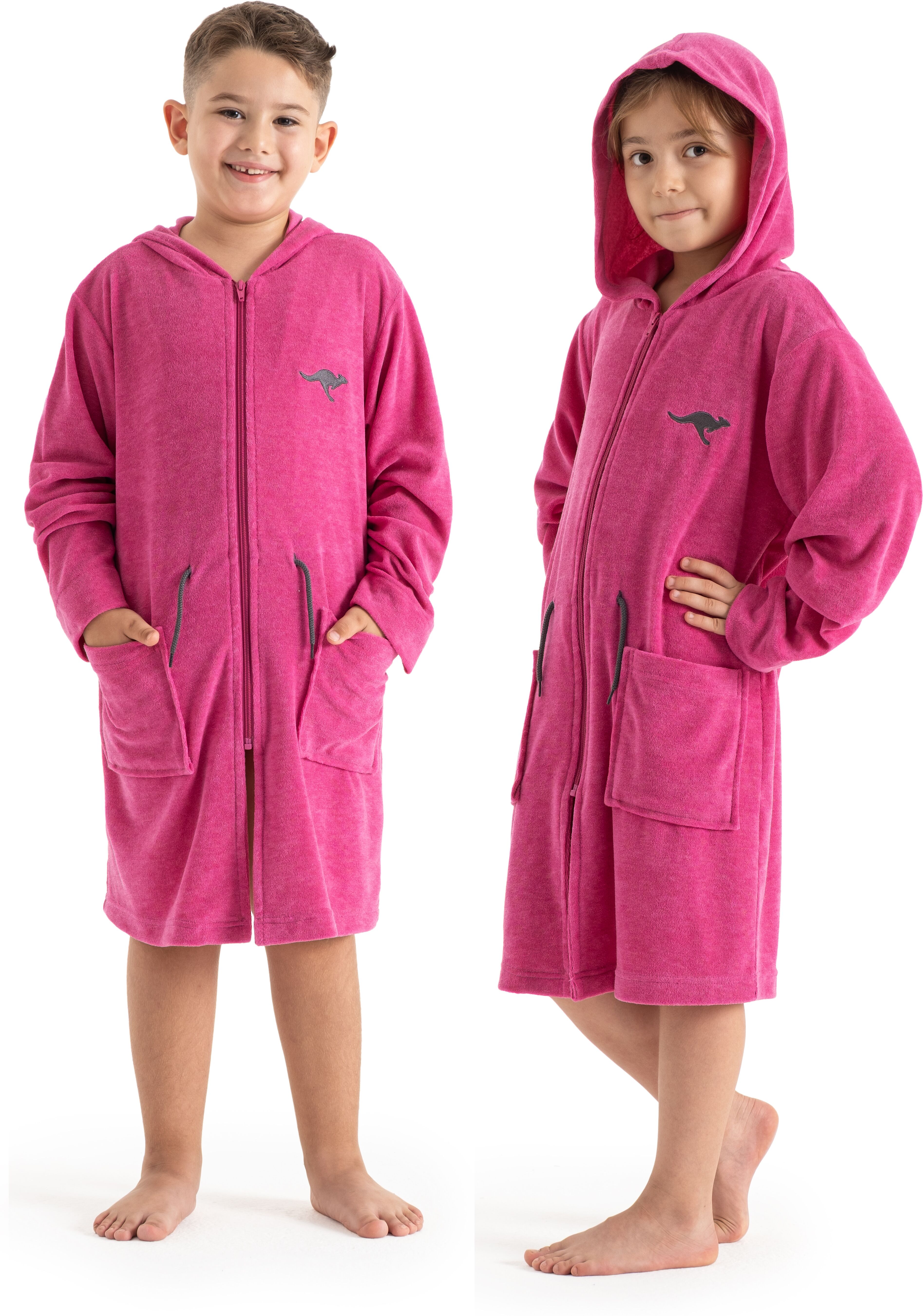Kinderbademantel KANGAROOS "Kira, Ideal für Zuhause, Schwimmbad oder im Urlaub" Gr. 104, rosa (pink, grau), 104, Leichtfrottier, Hausmäntel, Kinderbademantel, modernen, sportliches Design, leuchtenden Akzenten pink, grau 104