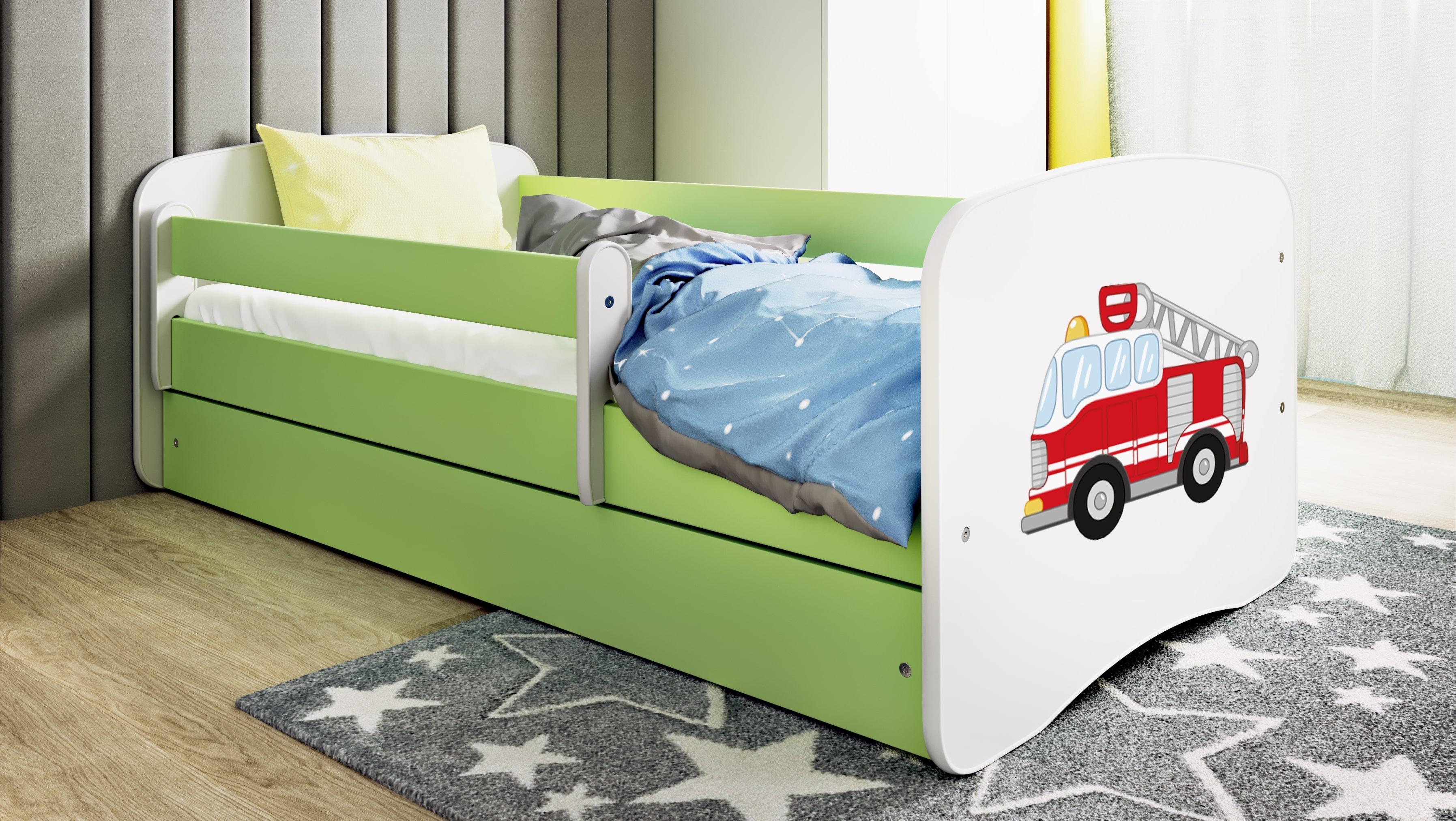 Kinderbett Jugendbett Löschzug 70x140, 80x160, 80x180 cm - Komplettset mit Schublade & Rausfallschutz