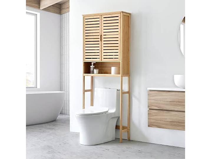 [en.casa] Toilettenschrank Geta 170 x 66 x 23 cm WC-Regal über die Toilette Überbauschrank Badezimmerregal Bambus Natur