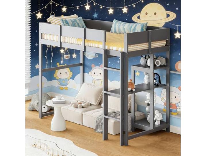 Ball & Cast Loft Bed (90x200cm) mit Lagerregal, Holzerner Bettgestell mit Leiter und Geländer, Einfach und Zeitsparend Montierbar, Stabil & Rauschlos, Grau
