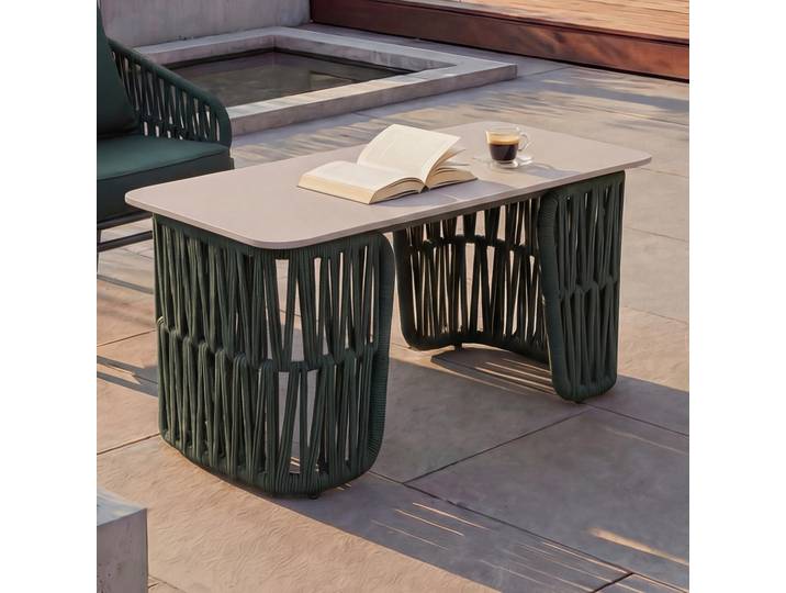 Table basse HWC-P90\, table de jardin\, table de balcon\, extérieur\, tressage en corde\, pierre frittée 43 x 90 x 45 cm ~ vert\, plateau crème