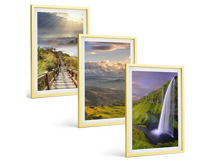 BILDER SET 3er Set - 40x60 cm Goldrahmen - Berglandschaften Wasserfall
