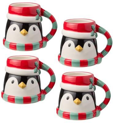 Certified International Christmas Whimsy Penguin Set of 4 3-D Mugs 18 oz.