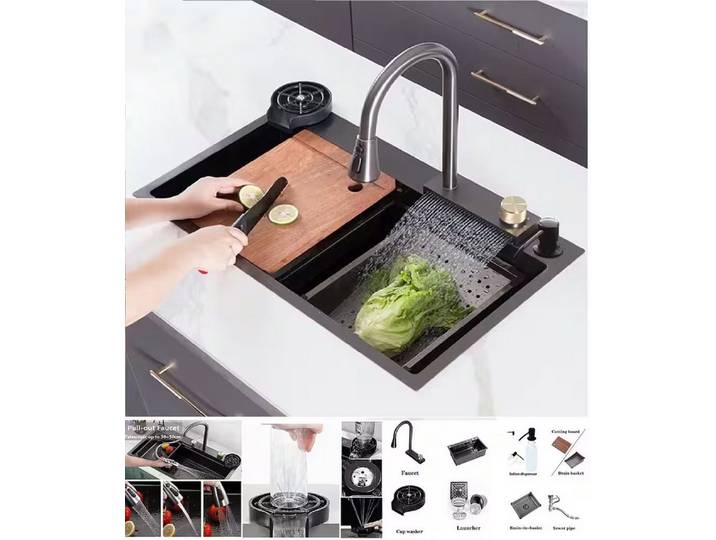 Faizee Home Edelstahlspüle Neom Edelstahlspüle mit Wasserfall, Schalldämmung, 4-fach Armatur