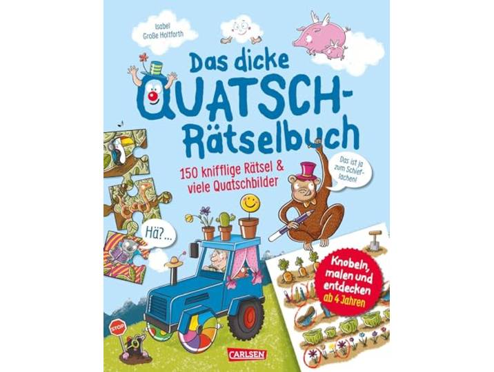 Das dicke Quatsch-Rätselbuch: Über 100 knifflige Rätsel und viele Quatschbilder Lustige Wimmelbilder, Lernrätsel und Malen für Kinder ab 4 Jahren