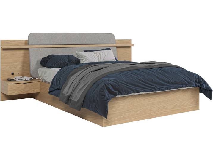 Stauraumbett GAMI IZADI , braun (eiche rookwood nachbildung, eiche rookwood nachbildung, eiche rookwood nachbildung), B:271cm H:113cm L:224cm, Betten, Stauraumbett, Bett mit Stoff-Kopfteil und 2 Nachttischen