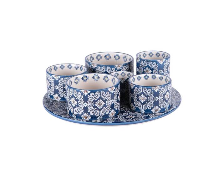 Service apéritif 6 pièces bleu en porcelaine