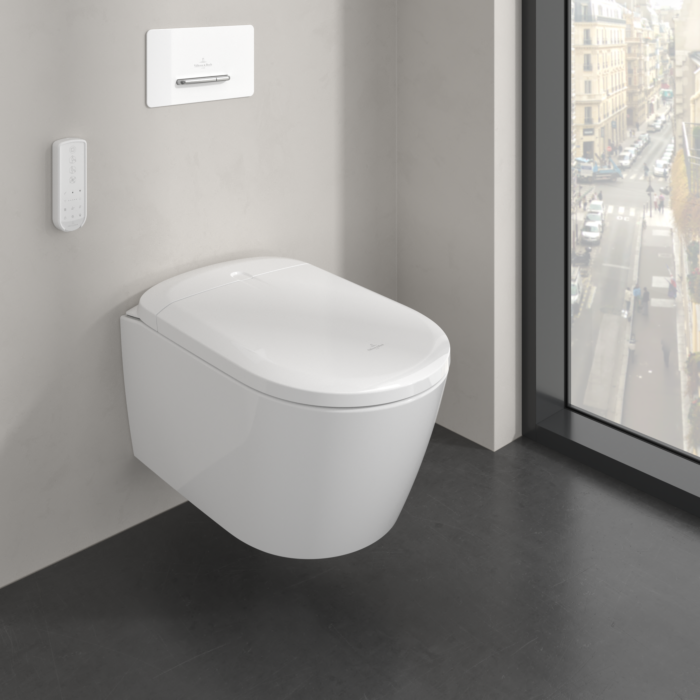 Villeroy und Boch ViClean Dusch-Wand-WC V16EN3R1 mit Gesäßdusche, Geruchsabsaugung, 38,4x42,3x62,2cm, mit Sitz, Weiß Alpin CeramicPlus