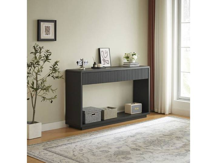 Console d'entrée AESVAR 150 cm noire avec 2 tiroirs et niche ouverte design moderne en panneau de particules et MDF