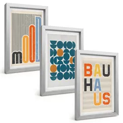 BILDER SET 3er Set - 20x30 cm Silberner Rahmen - Geometrische Muster im Bauhaus-Stil