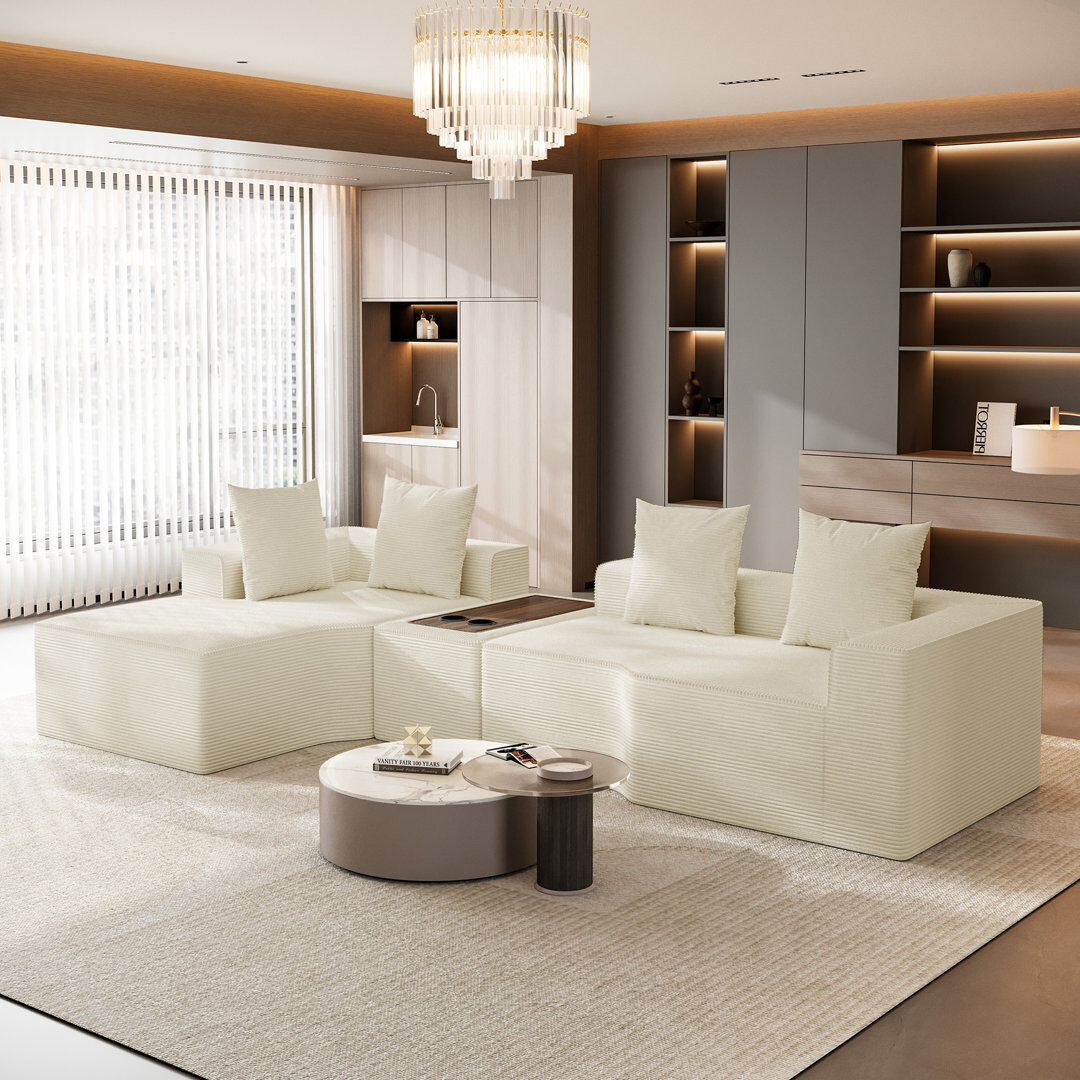 Fairmont Park Modular Corduroy Oversize 320cm 4-Sets Boneless Sofa With End Table, No Assembly Required, With High Rebound Sponge Beige 59cm H X 320cm W X 152cm D