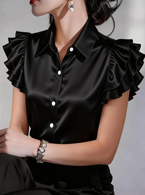Fabled Fashion Studio Elegant Satin Button Down Shirt For Women Ruffle Sleeve Collared Office Work Blouse black s