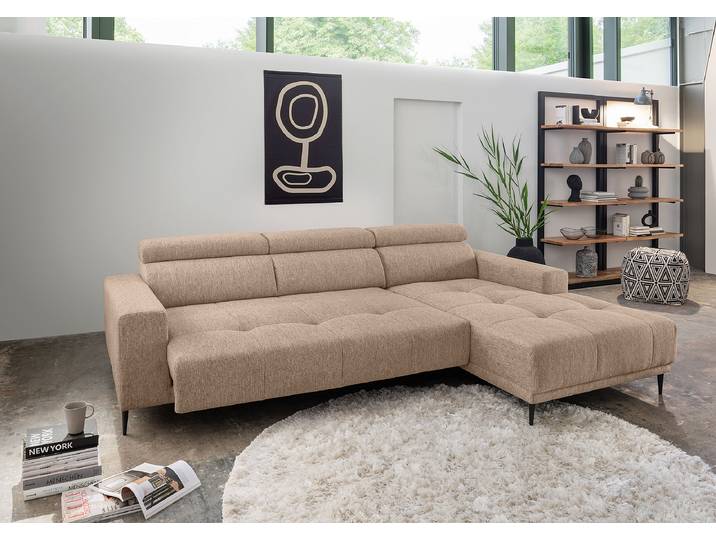 Ecksofa mit Sitztiefenverstellung Braun Webstoff Jimin 276 x 95 x 188cm Longchair davorstehend rechts Modern