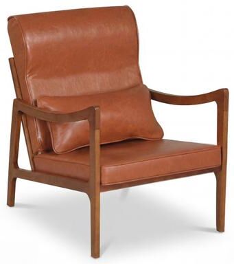 Costway Modern Accent Chair with Solid Rubber Wood Faux Leather Upholstered Armchair-Brown