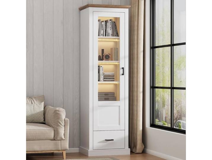 Vitrine Murale LED RGB 16 Couleurs Meuble Vitrine avec Télécommande 5 Étagères et Tiroir Blanc Mat pour Salon Décoration Chambre