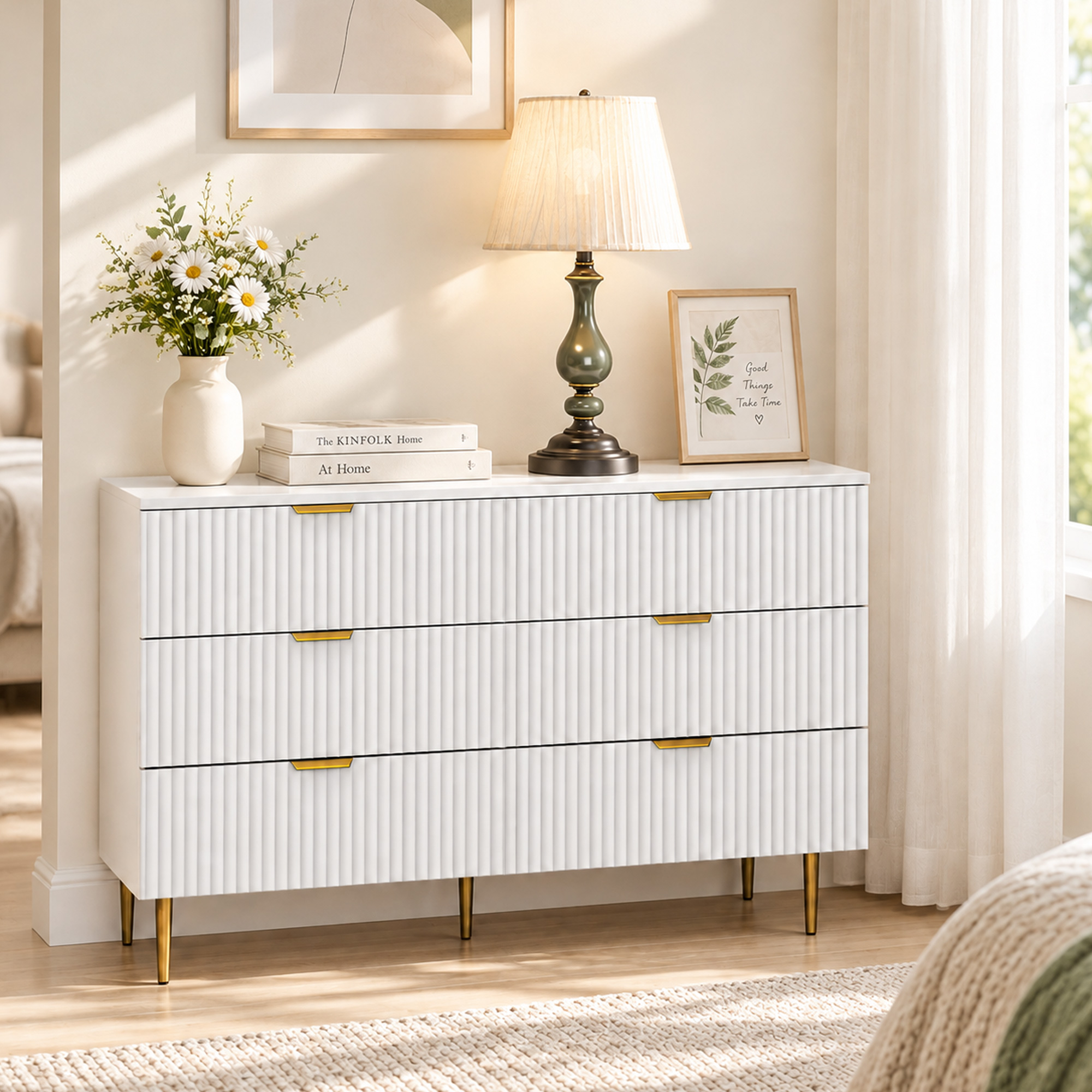 Homcom Cassettiera 6 Cassetti Moderna con Maniglie Dorate, 120x40x76.5cm, Bianco   Aosom Italy