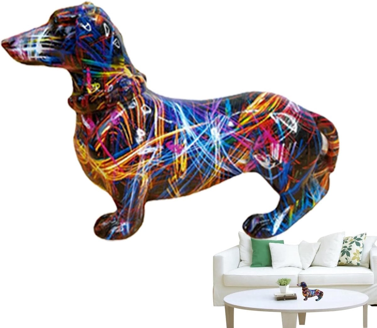 Teckel Beeldje met Graffiti Ontwerp - Kleurrijk Hond Sculptuur - Hoogte: 20 cm