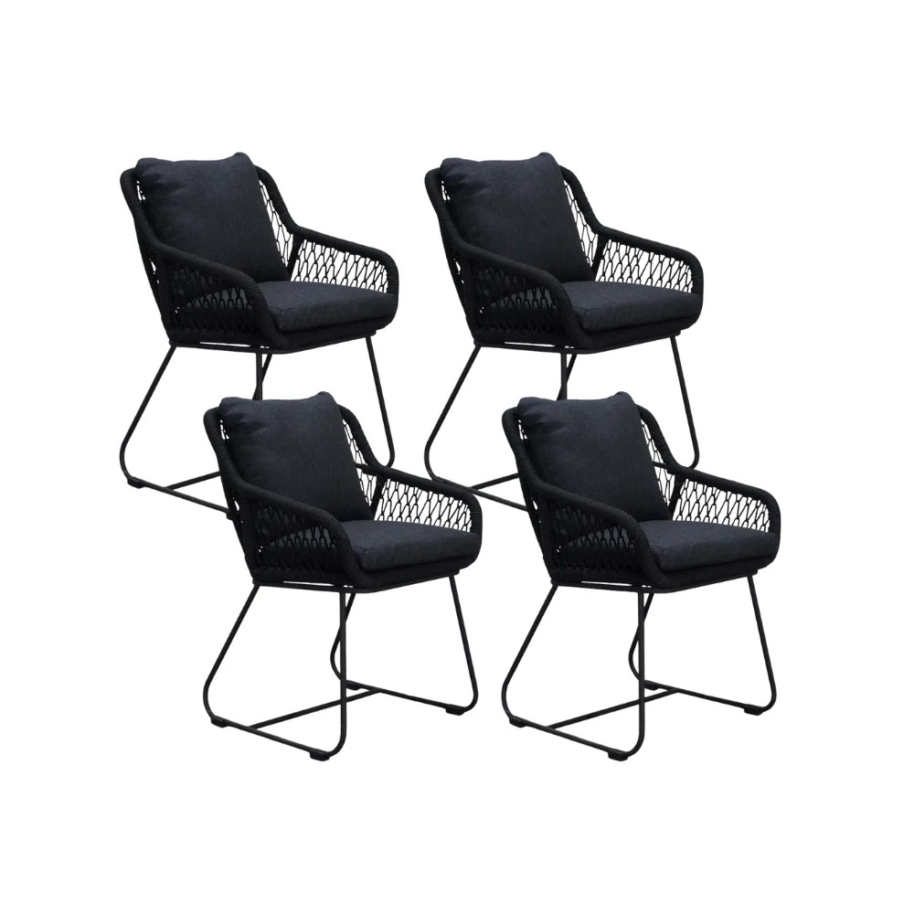 Portofino dining tuinstoel set van 4 met touw en RVS in zwart
