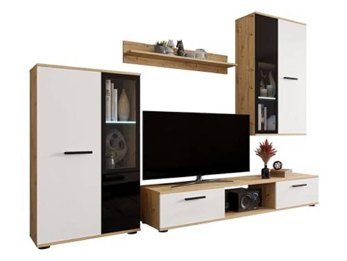 Mirjan24 Wohnwand Salsa, 4-teilig, Blauer LED (Eiche Artisan/Weiß) Anbauwand mit Stand- und Hängevitrine, TV-Lowboard, Wandregal, 2 Glasböden und teilverglasten Fronten