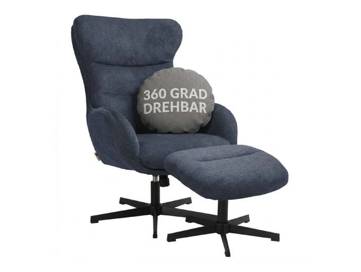 MR.DEKO Ohrensessel Relaxsessel Lucito blau inkl. Fußhocker – modern & bequem gepolstert (Set für Leseecke, 2-St), Relaxsessel inkl. Fußhocker, Strukturstoff, Wohnzimmer