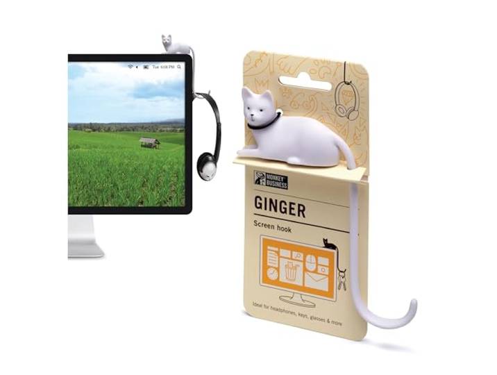 Monkey Business Ginger The Cat Tail Hook voor computerscherm, krappe ruimtes, hangsleutels, accessoires binnen handbereik (wit)