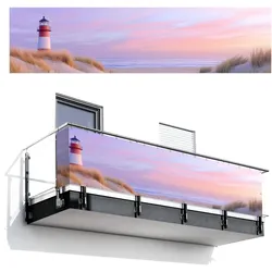 BALKON-SICHTSCHUTZ Leuchtturm - Dünen - Sonnenuntergang Deko XXL 500x130 cm