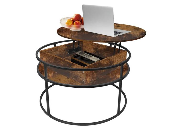 Table Basse Ronde - Table Basse Relevable - Tables de Salon avec Compartiment Caché et Étagère de Rangement - pour Salon Chambre