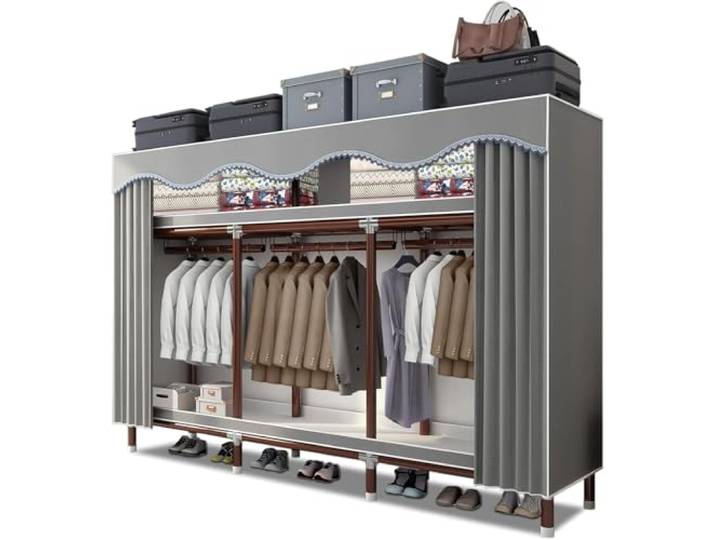 EZZPGDKU Kleiderschrank, Faltschrank Stoffschrank Stabil mit Dicker Satinstoff, 200x46x170 cm Schlafzimmerschrank mit Kleiderstange, Mobiler Kleiderschrank, Kleiderständer aus Metall, Freistehender