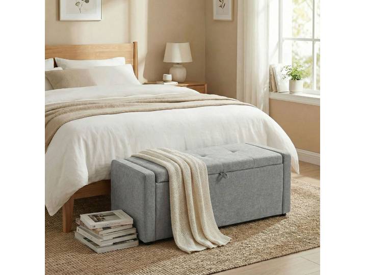 HOMCOM Banc Rangement Lin Gris 122cm Bout de Lit Repose-Pieds