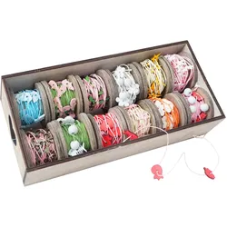 Deko-Box Schnur, Geschenkband Deko-Band Bänderbox Holzmotiv, 12 Rollen je 7,5m