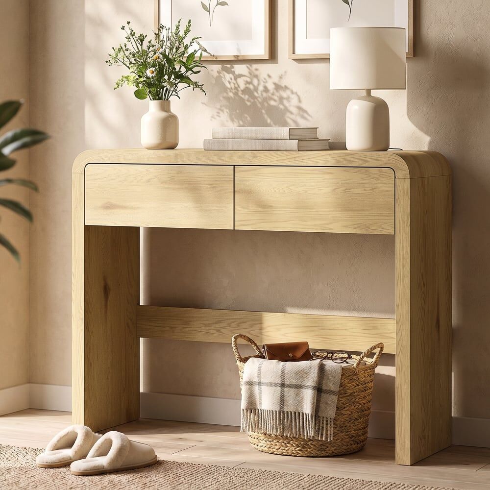 Homcom Table console avec 2 tiroirs bois bois naturel Beige 100x85x30cm