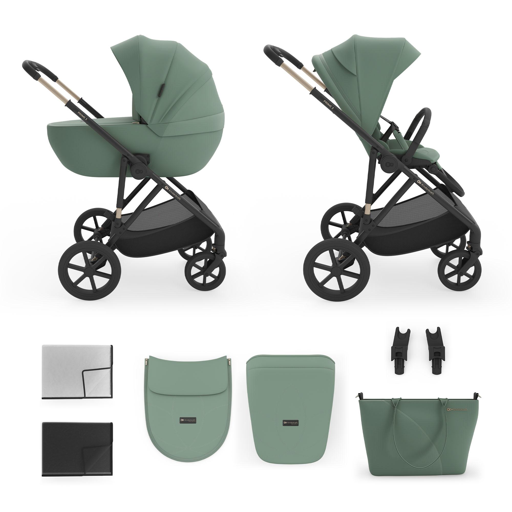 Kinderkraft PRIME 3 2-in-1 Kinderwagen Babywanne + Sportsitz, leicht, klappbar mit Sitz, große Räder, Federung, bis 22 kg, inkl, Grün