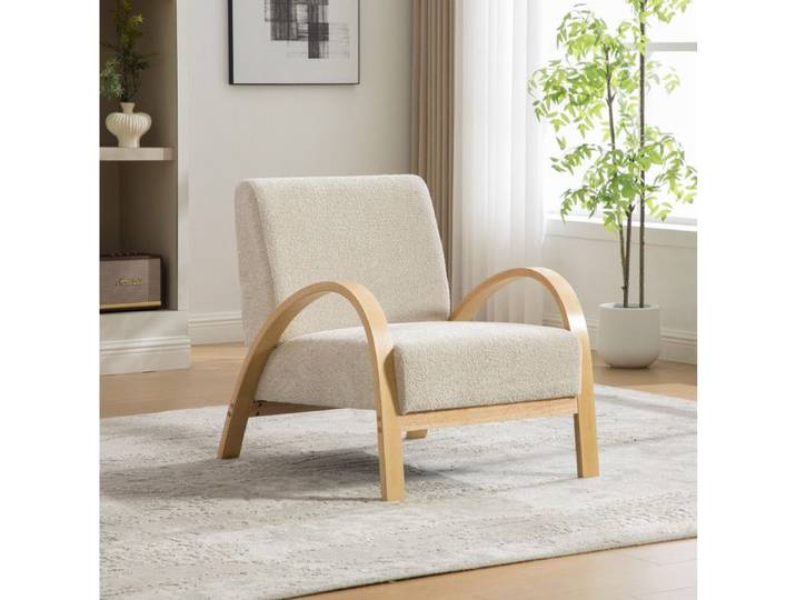 Fauteuil lounge en chenille avec dossier et pieds en bois style scandinave beige