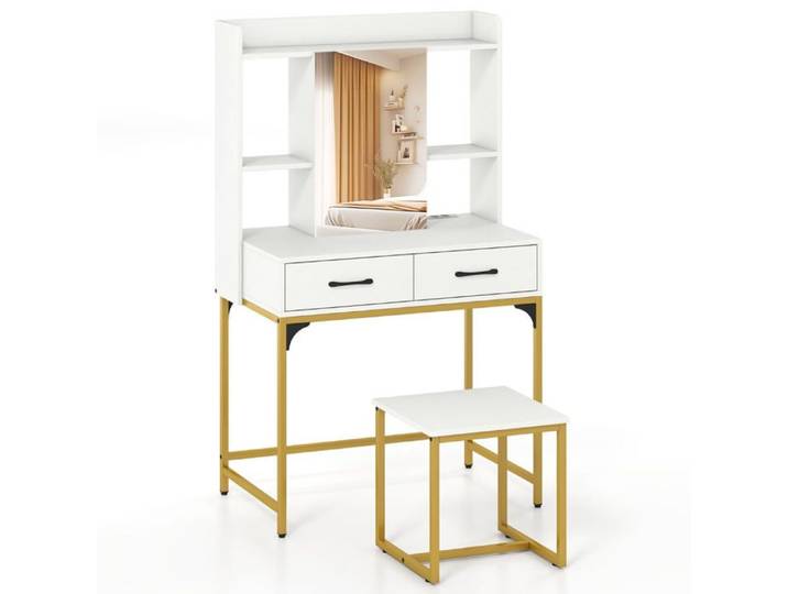 Coiffeuse - HELLOSHOP26 - Ensemble de coiffeuse et tabouret - Blanc - Station de charge intégrée - Miroir ouvrable