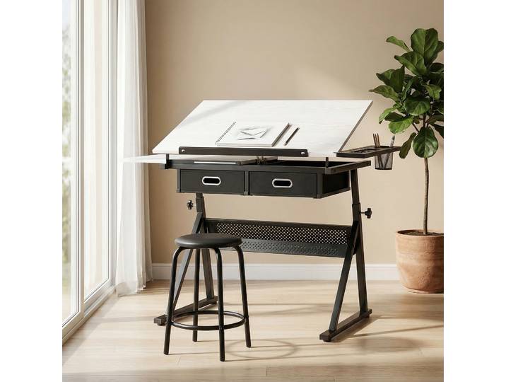 HOMCOM Table à Dessin Réglable avec Tabouret et Tiroirs Blanc