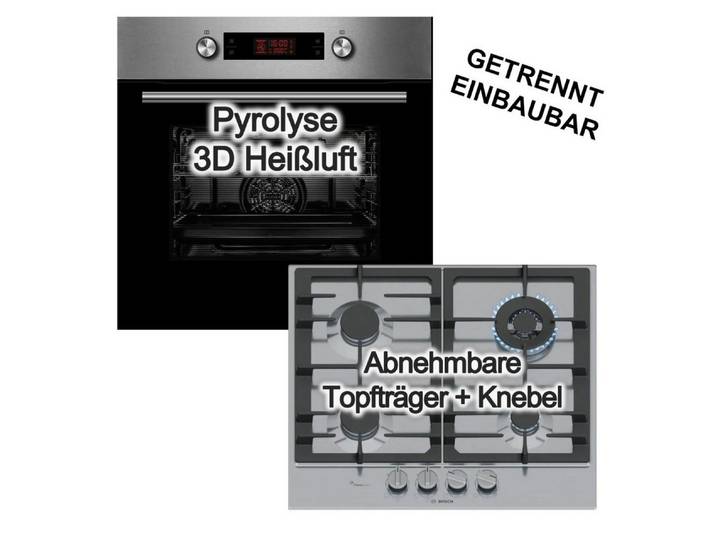 Midea Backofen-Set Pyrolyse 3DHeißluft Auszug + Bosch Gaskochfeld FlameSelect Wokbrenner, mit 1-fach Teilauszug, Pyrolyse-Selbstreinigung