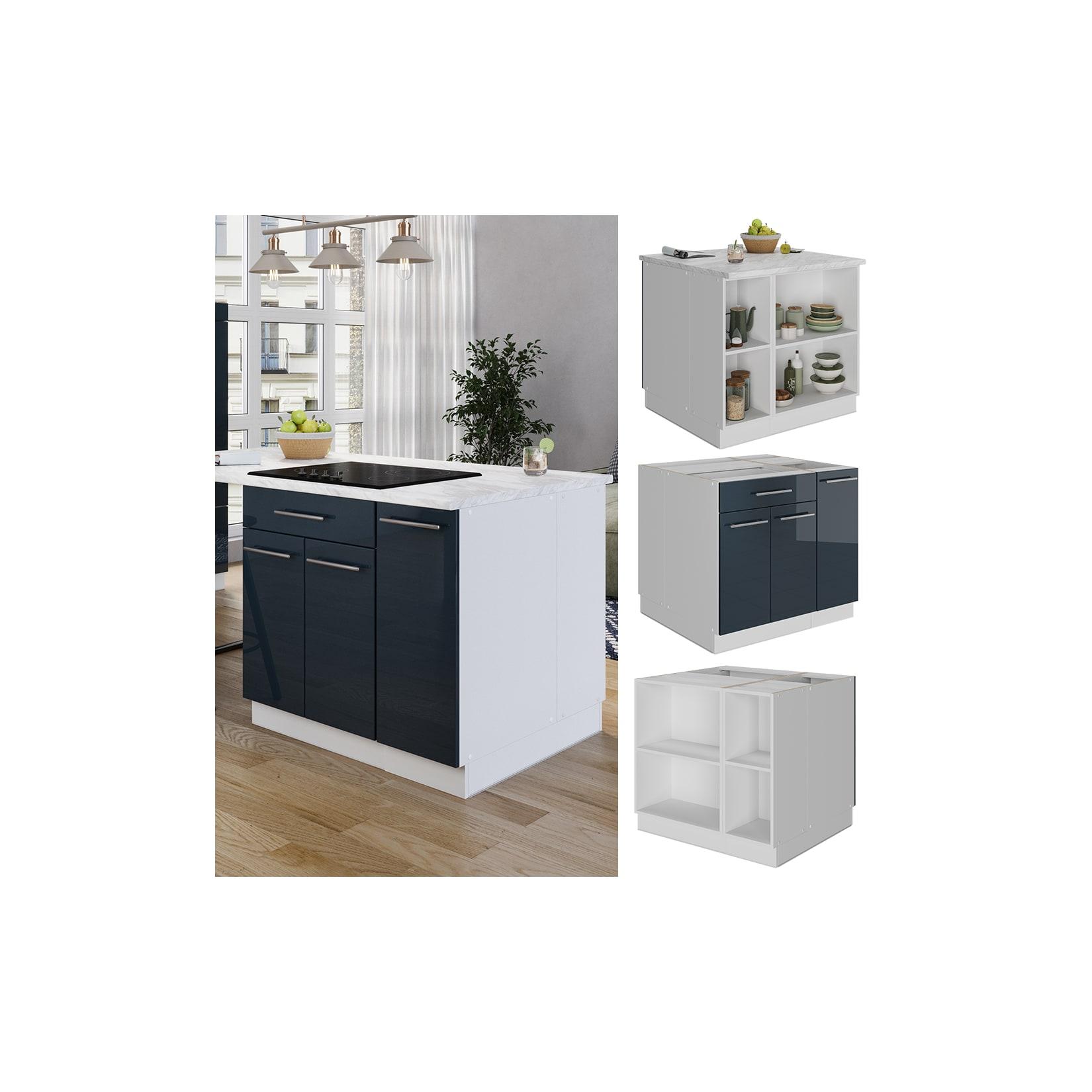 Vicco Kücheninsel Fame-Line Weiß Dunkelblau Hochglanz 90 cm offen