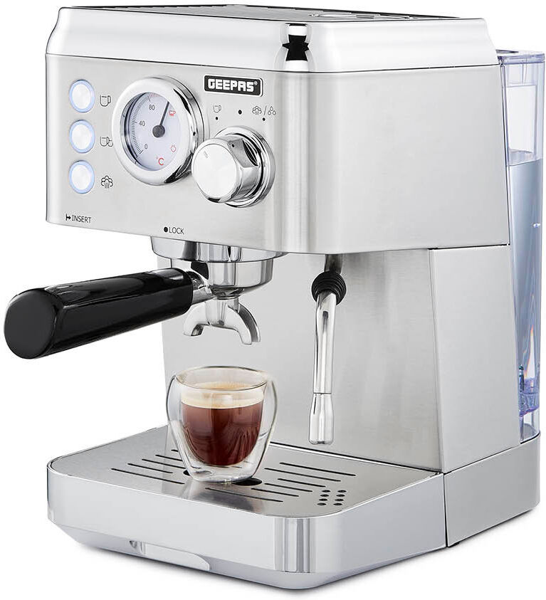GEEPAS Espresso & Cappuccino Coffee Machine with Milk Frother, 15 Bar Pressure   1.8L Detachable Water Tank Capacity, Stainless Steel Housing   1140W, Silver 1.8L