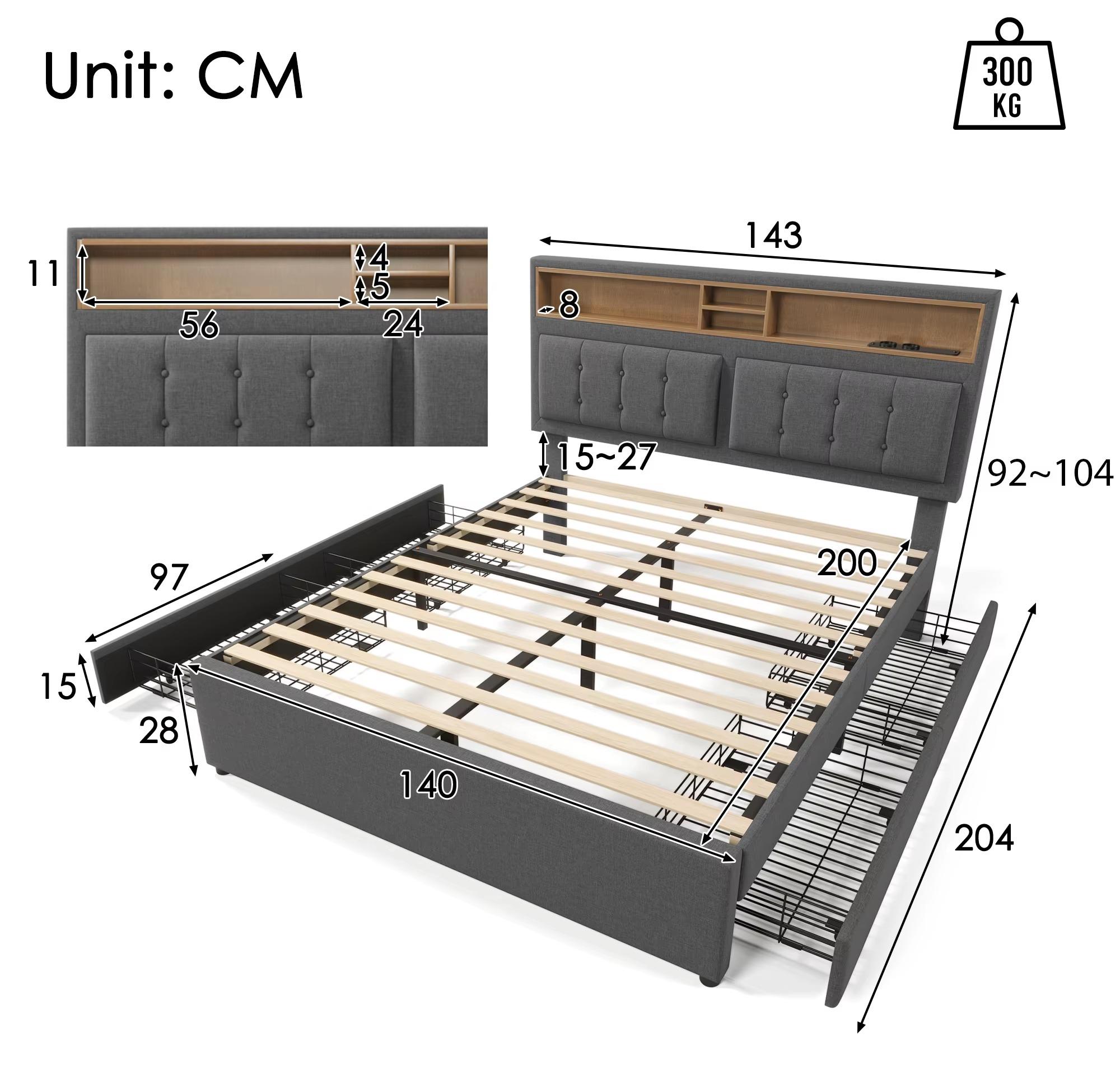 Gepolstertes Doppelbett - Bettrahmen 140x200 cm - Inklusive Matratze - 4 Bettkästen - USB-C-Anschluss - Höhenverstellbares Kopfteil - Grau